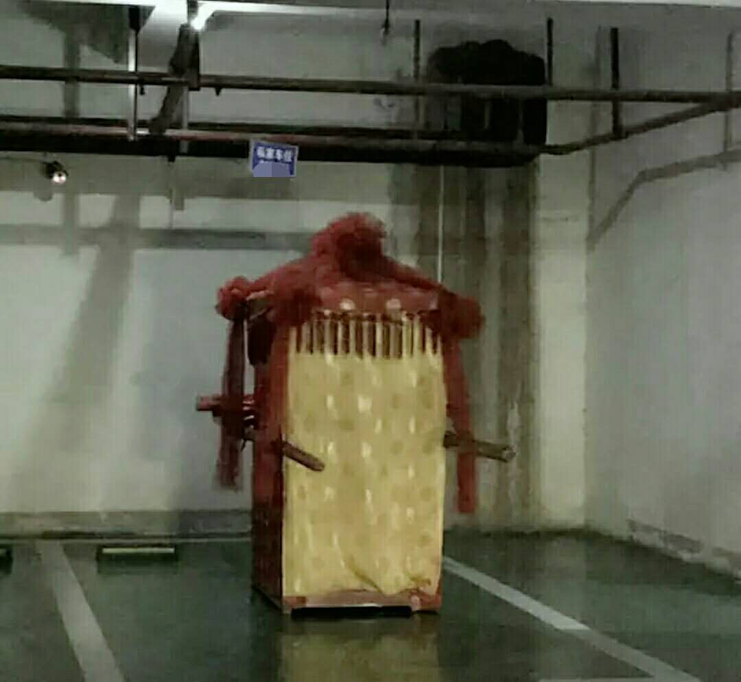 小区车库惊现红色大花轿 司机：鬼片既视感