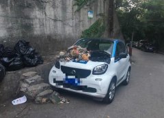 共享轿车停在路口  车盖遭垃圾掩埋