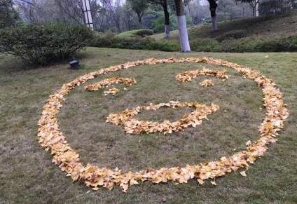这位大叔可是一身的“艺术细胞”啊！据同学传播的图片来看，大叔还用落叶摆过笑脸。