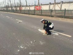 水泥块掉在马路中央  民警将其迅速搬离