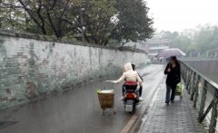 男子驾电瓶车载着人 乘客手拉背篓车