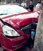 又是油门当刹车？ 红色轿车怼上路边大树